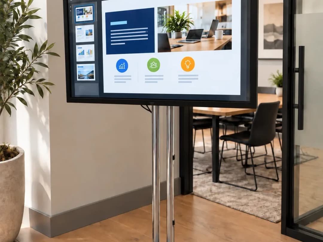 A large monitor on a black rolling floor stand in a meeting room, showing a slide