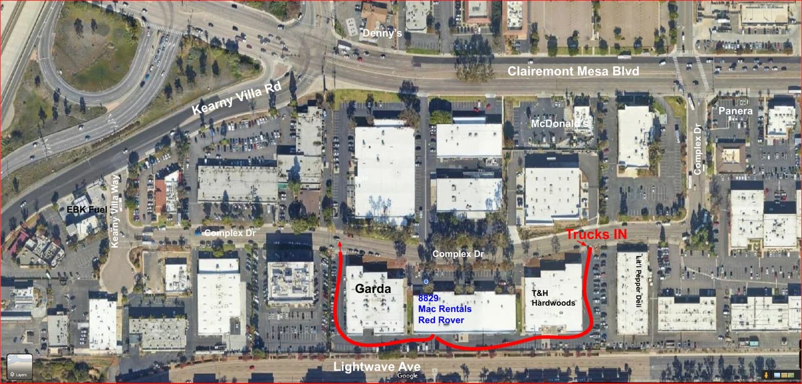 Map showing 8829 Complex Drive and the truck entrance route from Complex Drive around to the dock
