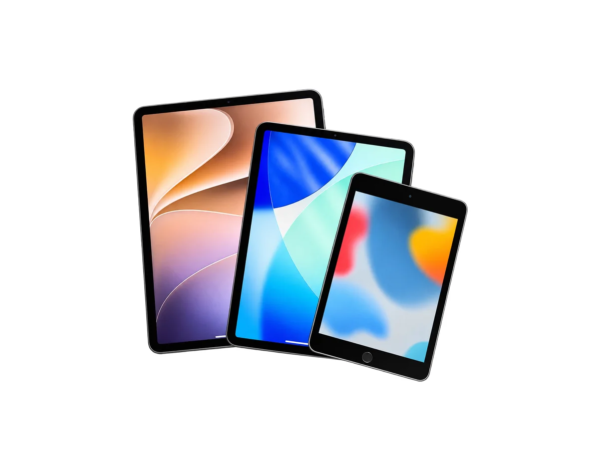 Three iPads fanned out on white: an iPad Pro, an iPad Air and an iPad mini