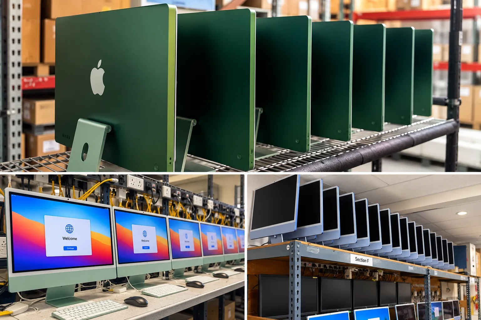 Green iMacs on warehouse shelves, with rows of iMacs and monitors set up on benches below